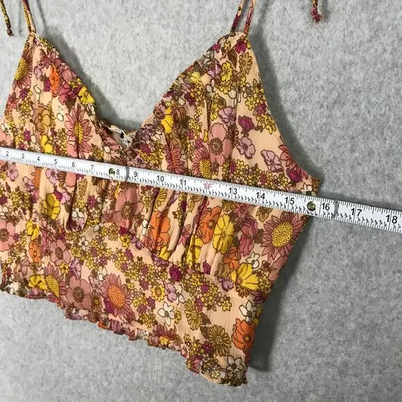 Patrons of Peace Crop Top Medium Orange Tank Floral Ruffle Boho Western‎ Tie Bow - Picture 9 of 10